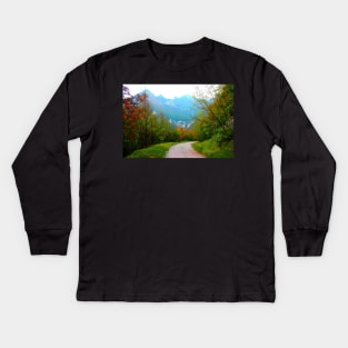 Scene at Eremo di Soffiano near Sarnano in the Sibillini Mountains with autumn trees, gravel path Kids Long Sleeve T-Shirt